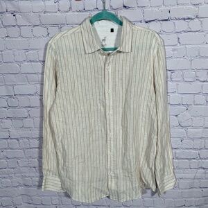 Raffi Mens Striped Linen Button Down Tan Cream Sz L Preppy Business Casual
